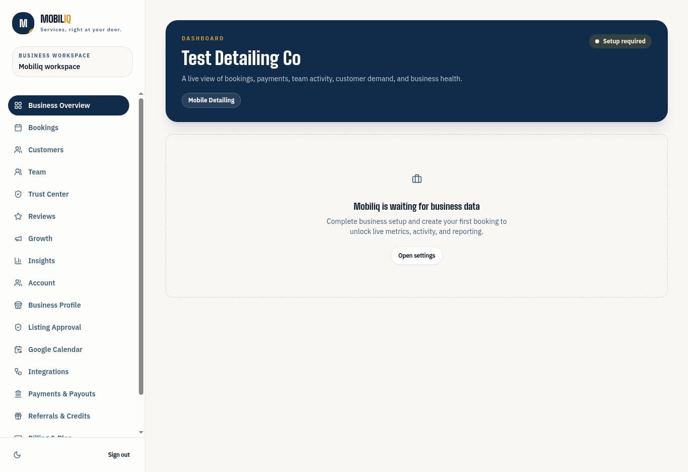 Mobiliq owner dashboard for Test Detailing Co, showing the navigation for bookings, customers, team, growth, and integrations before business setup is complete.